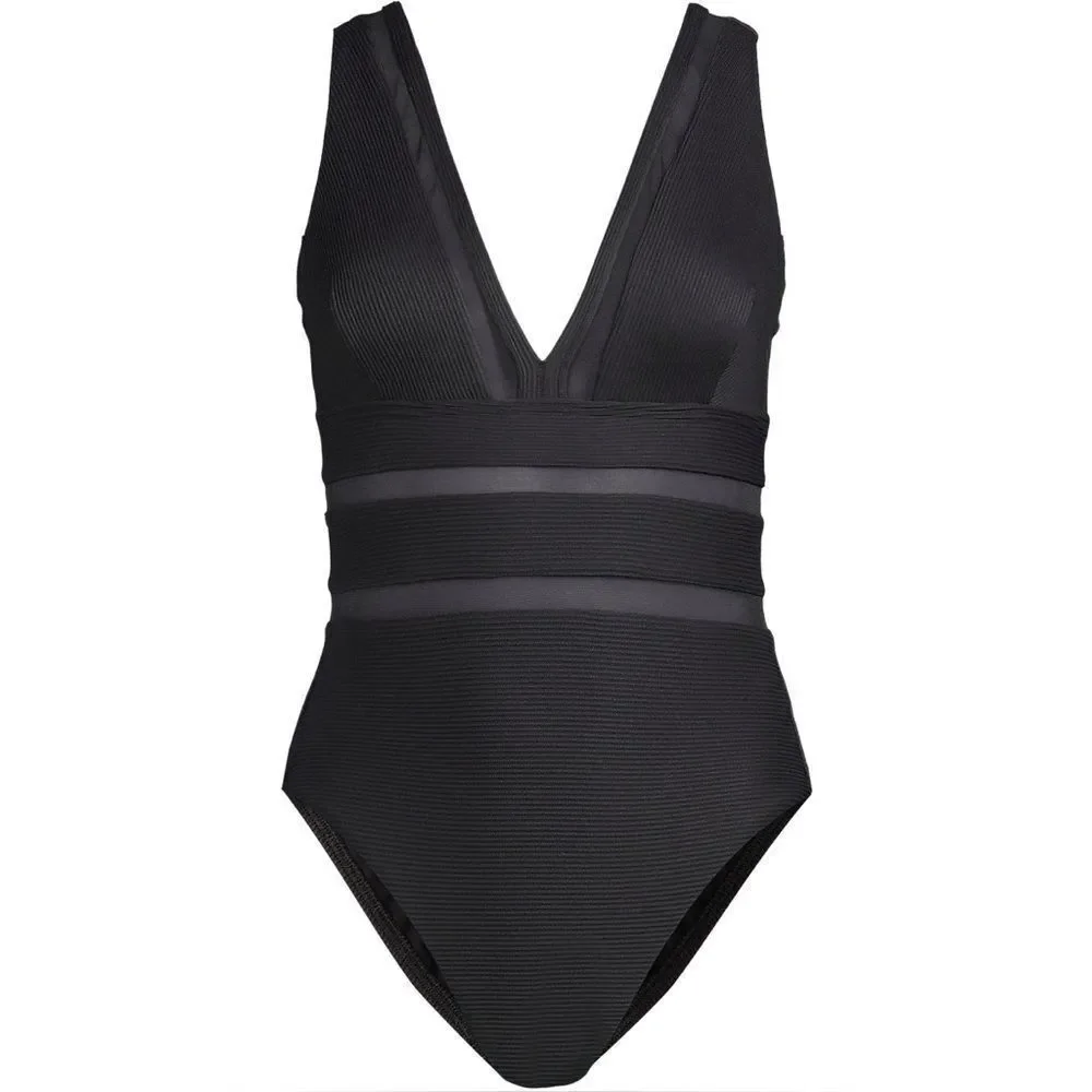 Land's End one piece Plunge swimsuit mesh ribbed Textured high leg Black Var - Picture 4 of 13